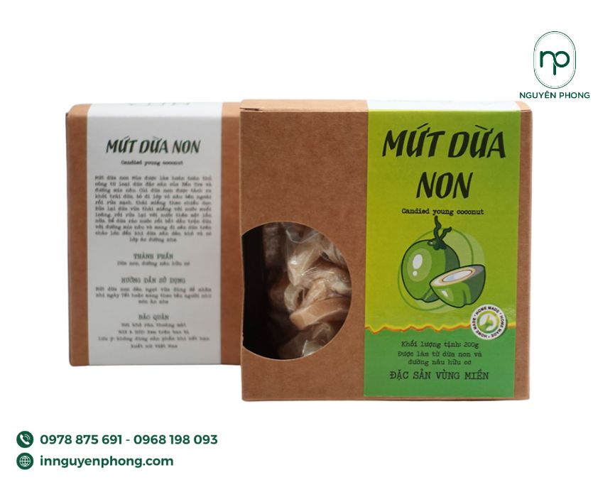 in tem mứt dừa non đơn giản nhưng không kém phần thu hút